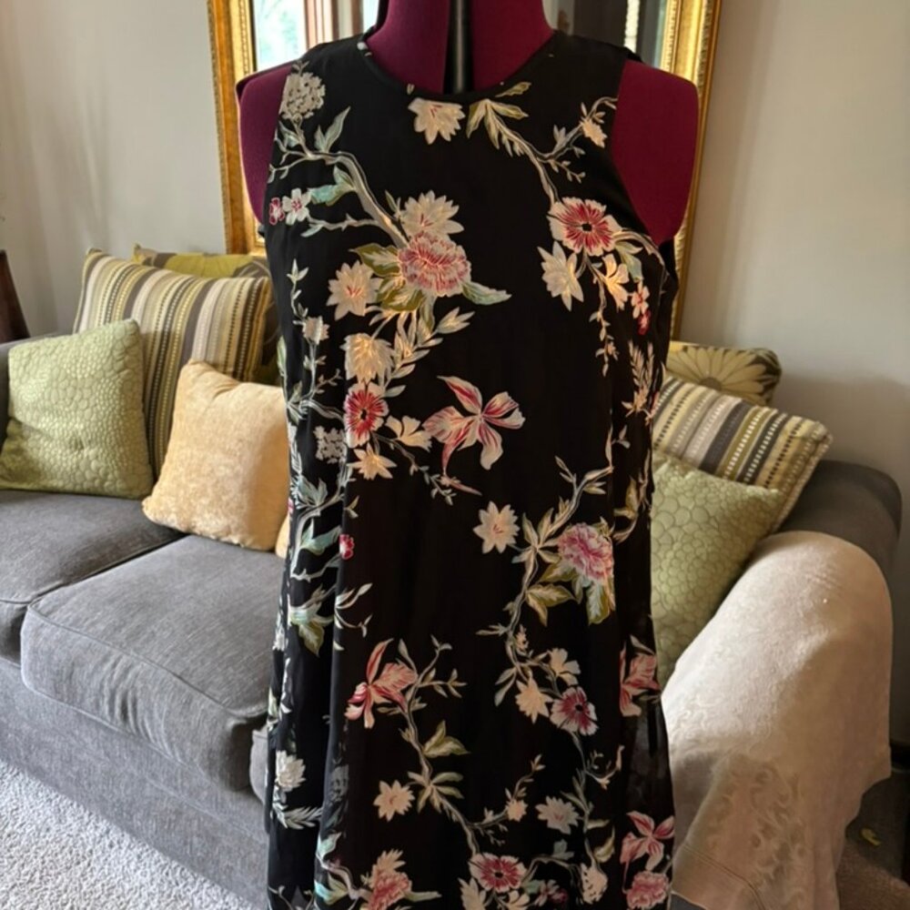 CALVIN KLEIN Black Flowy Floral Shift Dress Gold Size 10 Wedding Evening Cocktai